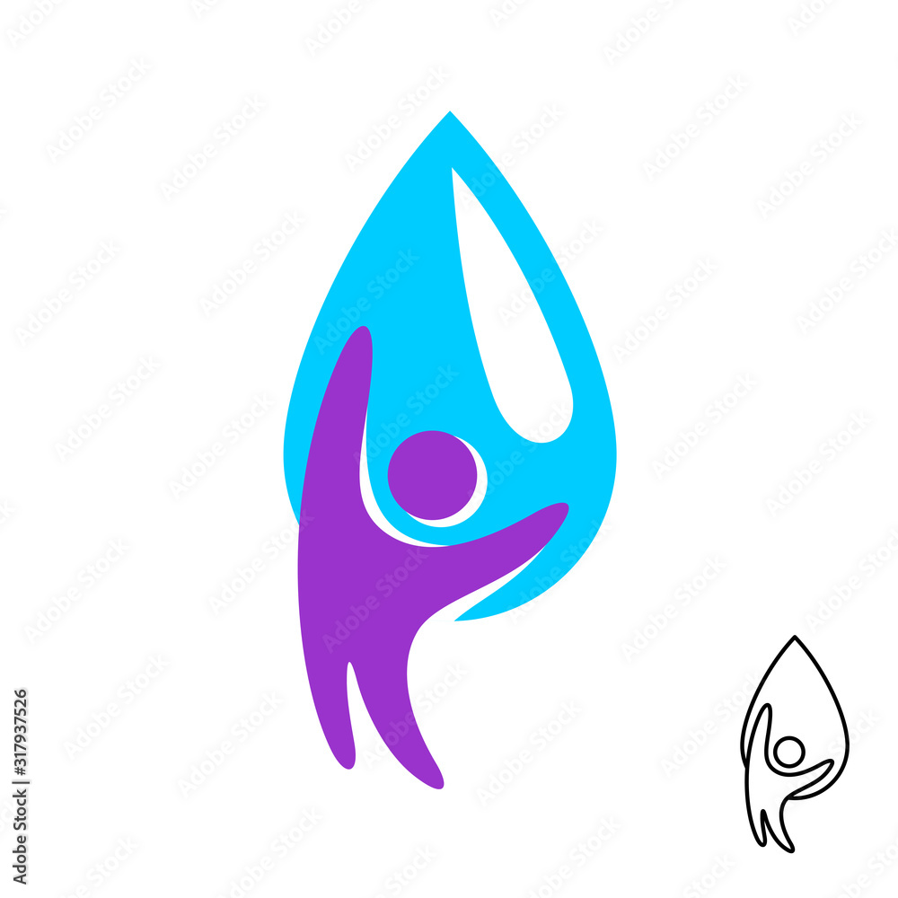Man stylized figure with water liquid drop logo. Purity and freshness concept symbol. Water resources care sign. Man stylized figure with water liquid drop logo. Purity and freshness concept symbol. Water resources care sign.