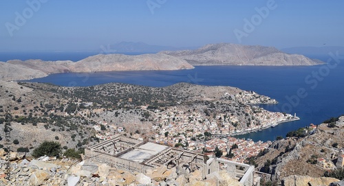 Beautiful mountain landscape. Sea city. Mountain village. Greek island. Greece.Simi Island. 