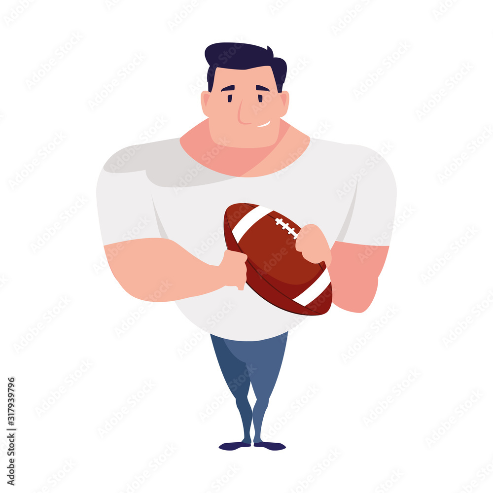 man holding a american football ball on white background