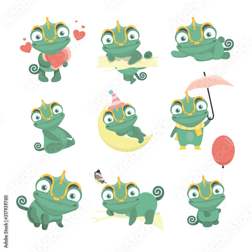 Cartoon chameleon cute illustration set..