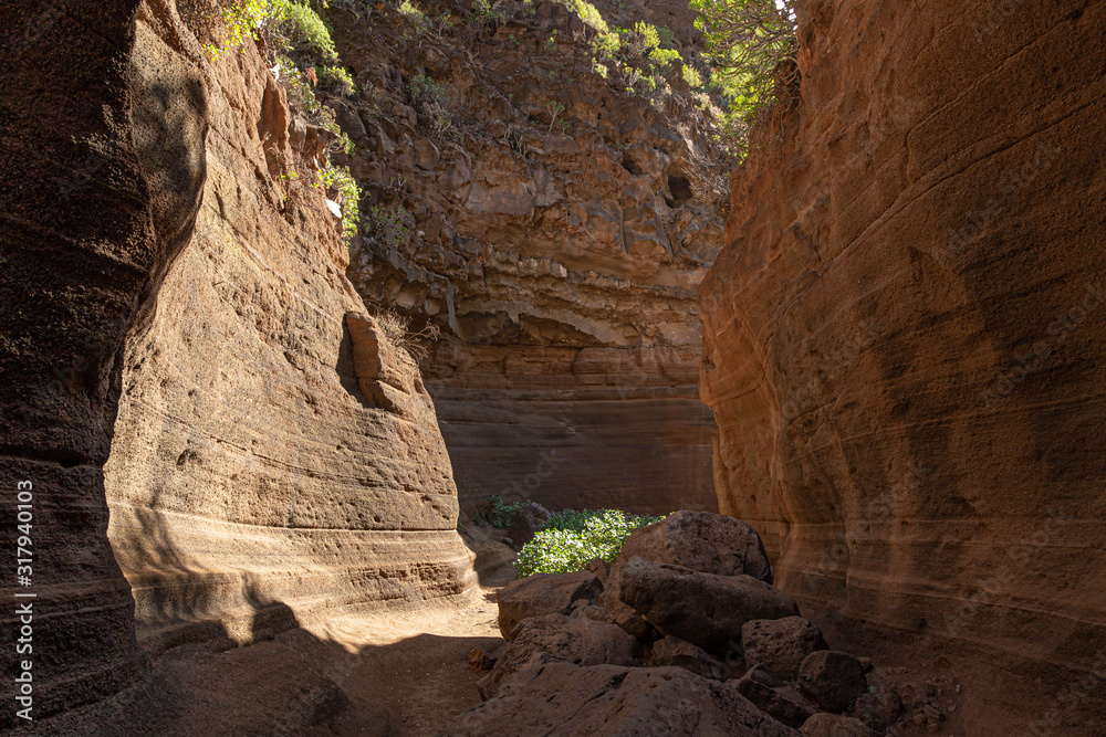 Scenic limestone canyon, Barranco de las Vacas in Agüimes, Gran Canaria, Canary islands Spain. Geology concept.