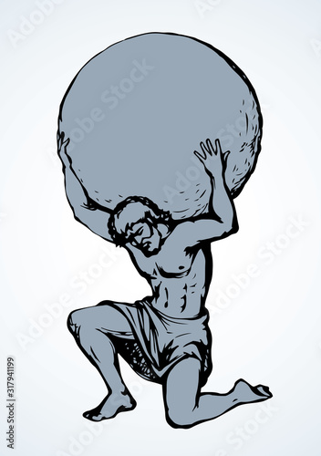 Atlas keeps the earth on their shoulders. Vector drawing silhouette photo