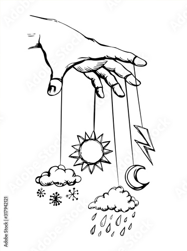 Hand with a puppet of nature. Vector drawing