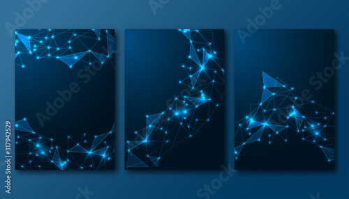 Futuristic set of posters with abstract scientific glowing low polygonal background on dark blue. photo
