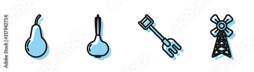 Set line Garden rake, Pear, Onion and Windmill icon. Vector