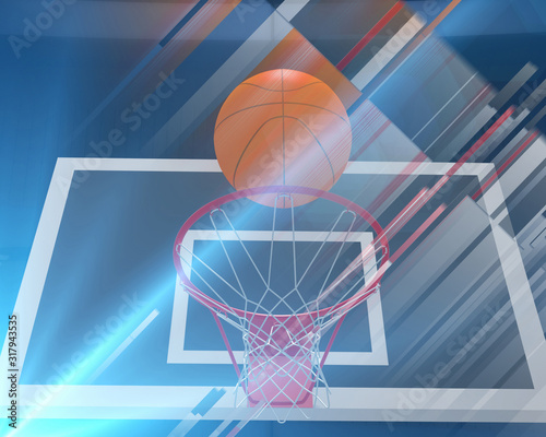Sports 3d render background from basketball backboard and ball in lines. Basketball concept.