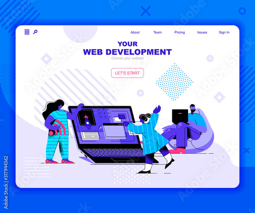 Web development landing page vector template. Program usability and performance website header UI layout with flat illustration. Fullstack app engineering, devops web banner flat concept