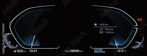 Illustration of empty illuminated car dashboard panel concept. Modern digital LCD instrument cluster without gauge needles and digits. Close up of two blank speedometer and tachometer circle dials.