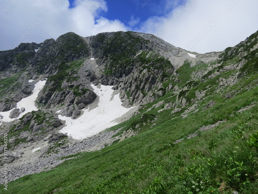 黒部五郎カールから山頂を望む 黒部五郎カールから山頂を望む