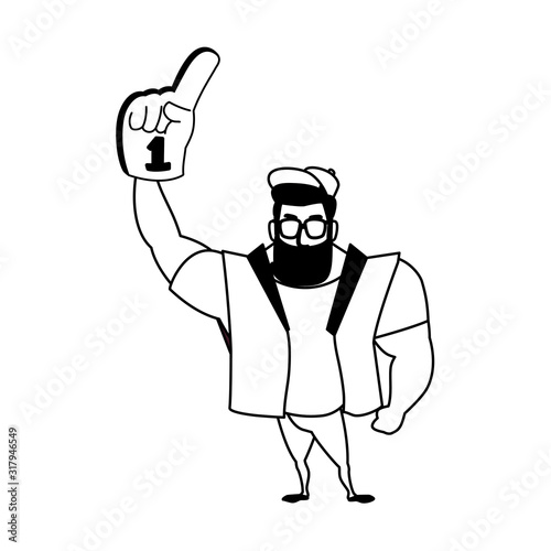 man holding a hand glove with number 1 fan