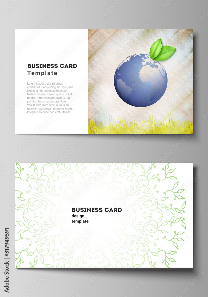 Vector layout of two creative business cards design templates, horizontal template vector design. Save Earth planet concept. Sustainable development global business concept.