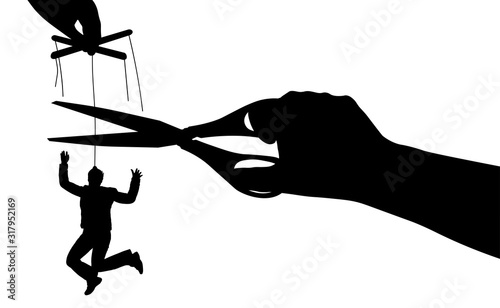 Free from manipulation. Puppet. Human manipulation. Exemption from slavery. Silhouette vector illustration