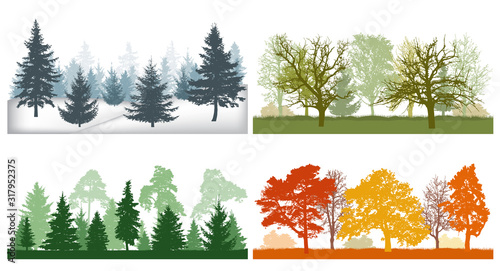 Forest in winter, spring, summer and autumn. Silhouettes of four seasons. Vector illustration.