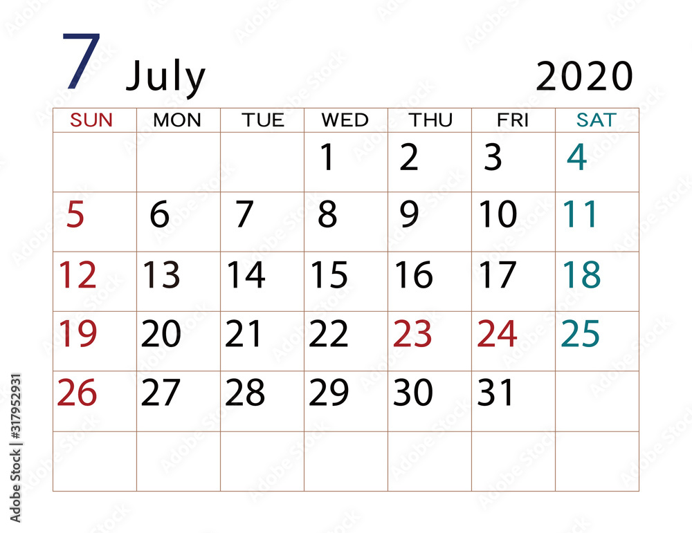 2020年カレンダー 7月 2020年カレンダー 7月