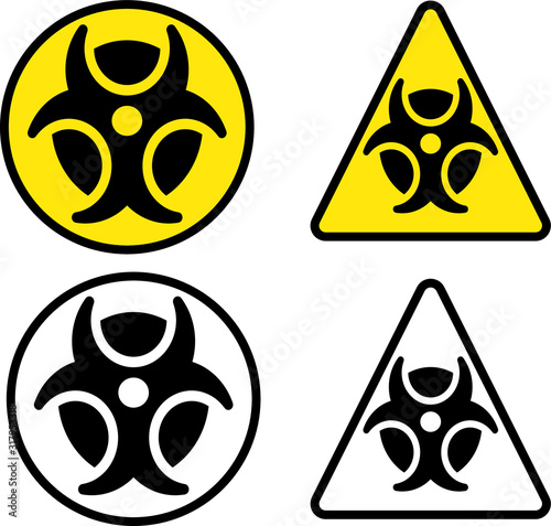 Biohazard signs for infectious disease pathogens such as viruses and bacteria, and other potentially contaminated or dangerous biological matter. Warning of health risk and danger. Vector file.