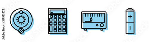 Set line Electrical measuring instruments, Solar system, Calculator and Battery icon. Vector