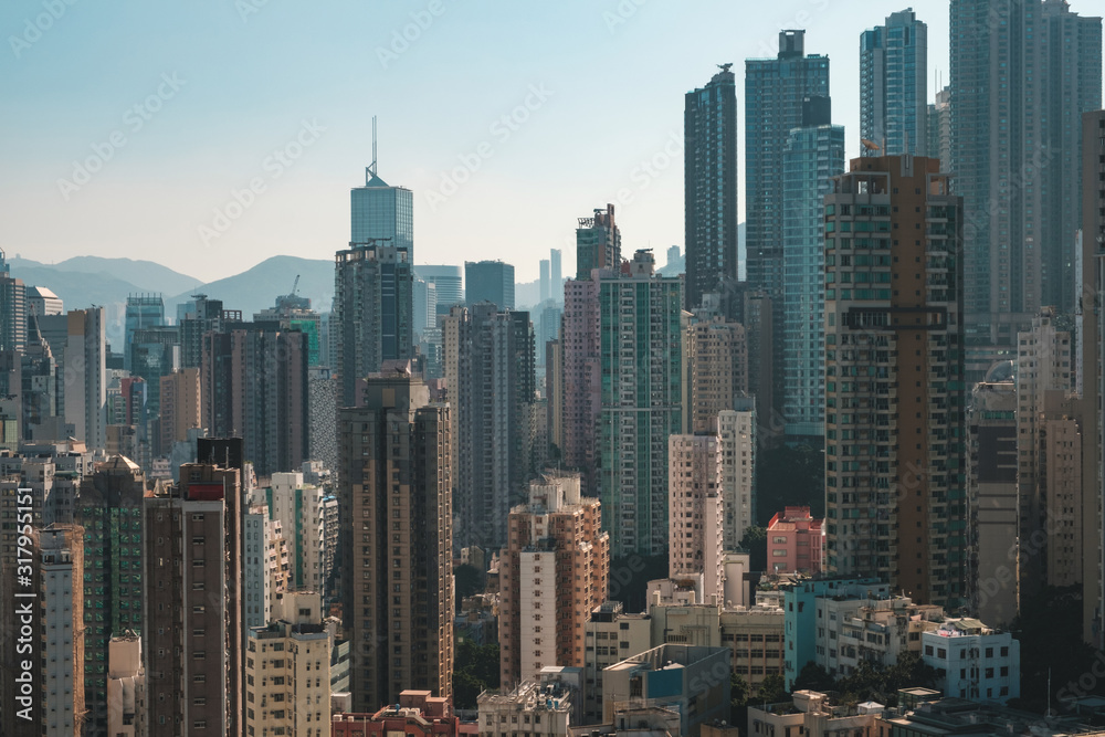 HongKong city skyline, skyscraper buildings of Hong Kong Island