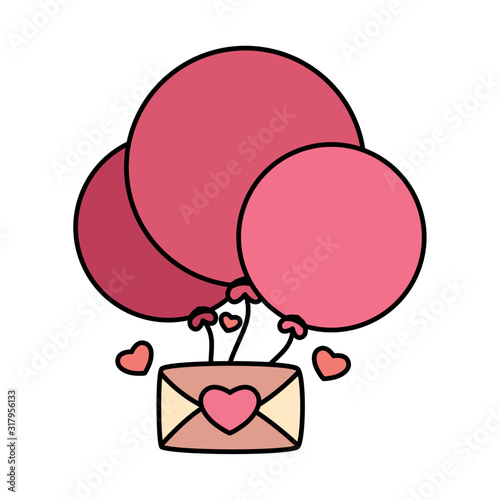 envelope with helium balloons in white background, valentines day card