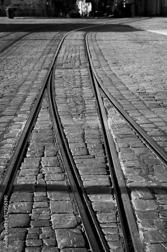 Tram rails in black and white