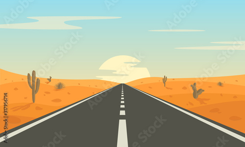 Road in the desert. Asphalt highway with markings in the countryside.