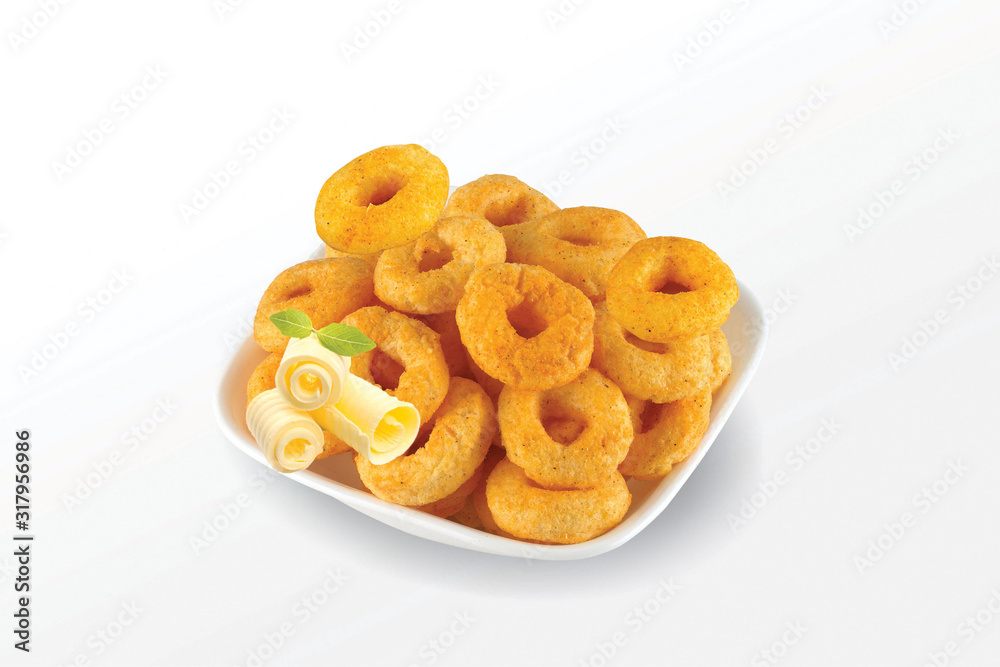 Pile of crispy Masala Corn ring, Cream & Chilli snack (Fryums - Frymus) in white dish isolated on white background, Sweet brekfast cereal rings - Image Pile of crispy Masala Corn ring, Cream & Chilli snack (Fryums - Frymus) in white dish isolated on white background, Sweet brekfast cereal rings - Image