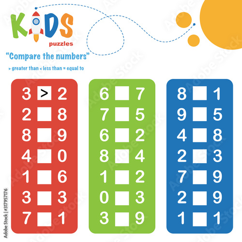 Compare the numbers worksheet practice. Easy colorful worksheet, for children in preschool, elementary and middle school.