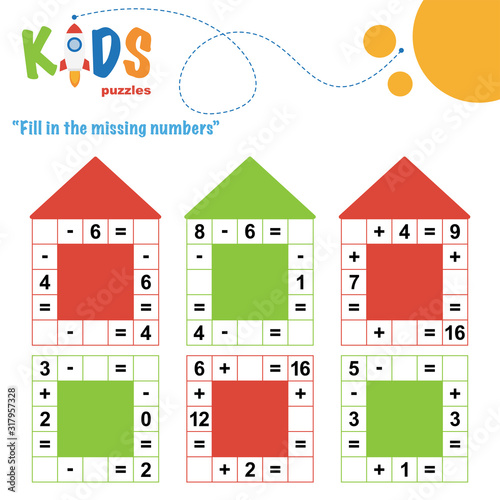 Fill in the missing numbers. Easy colorful math crossword puzzles for preschool, elementary and middle school kids.