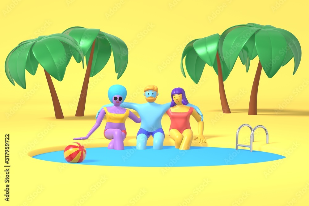 3D rendering cartoon characters a guy and two girls with blue, pink, purple skin are sitting by the pool on a background of palm trees. Minimal promenade concept. Bright multi-colored illustration.