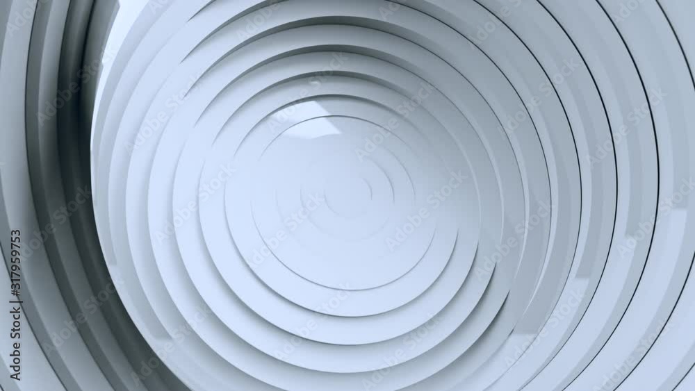 Abstract pattern of circles with the effect of displacement and rotation. White clean rings animation. Reflective surface. Abstract background for business presentation. Seamless loop 4k 3d render Abstract pattern of circles with the effect of displacement and rotation. White clean rings animation. Reflective surface. Abstract background for business presentation. Seamless loop 4k 3d render