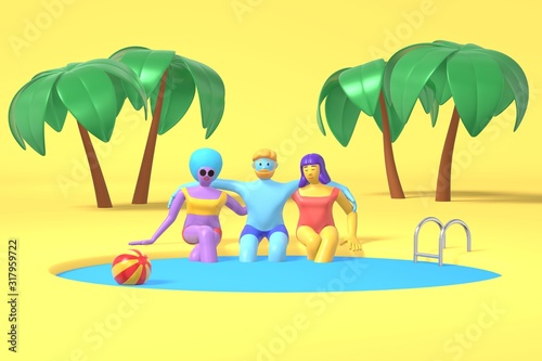 3D rendering cartoon characters a guy and two girls with blue  pink  purple skin are sitting by the pool on a background of palm trees. Minimal promenade concept. Bright multi-colored illustration.