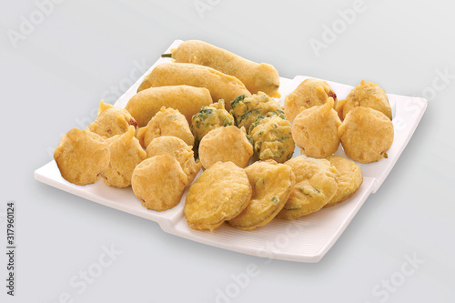 Methi Gota (fenugreek) Pakoda, Chili pakoda, potato pakoda (vada) or Fritters indian food snack, bhajiya, white background, photographi - Image