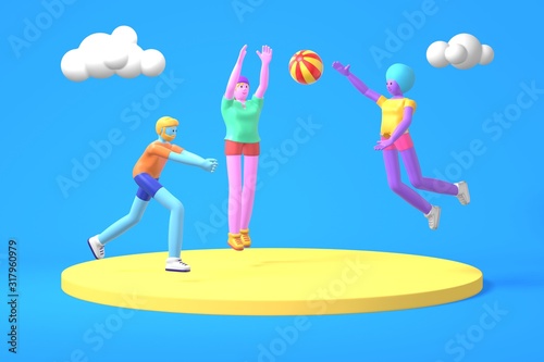 3D rendering cartoon characters a guy and two girls with blue  pink  purple skin play a volleyball ball. Minimal sea beach concept. Bright color illustration.