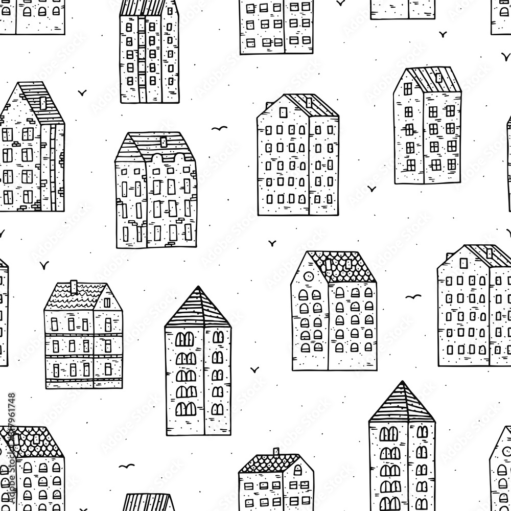 City seamless pattern with hand drawn houses in doodle style on white background. Cityscape. City seamless pattern with hand drawn houses in doodle style on white background. Cityscape.