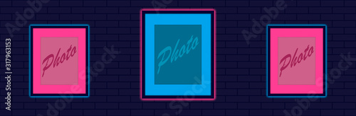 Neon photo frames on dark brick wall, vector illustration