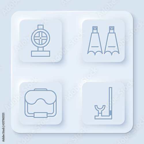 Set line Industry metallic pipes and valve, Rubber flippers for swimming, Diving mask and Snorkel. White square button. Vector