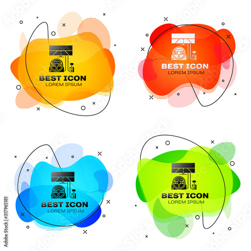 Black Racing simulator cockpit icon isolated on white background. Gaming accessory. Gadget for driving simulation game. Set abstract banner with liquid shapes. Vector Illustration