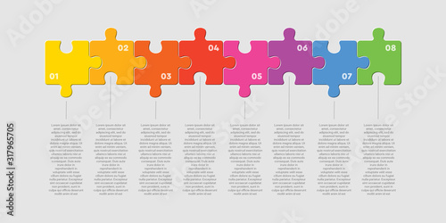 Eight pieces puzzle square line info graphic.