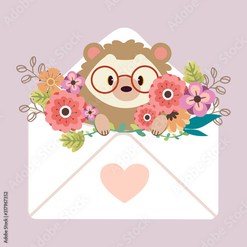 The character of cute hedgehog sitting in the letter with heart sticker and flower on the pink background. The cute hedgehog in valentines day theme. The character of cute hedgehog in flat vector.