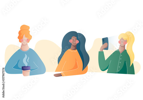 Flat vector illustration Image of three girls doing different things. Girls of different nationalities. Girls drink tea and use the phone. Girls of different types.