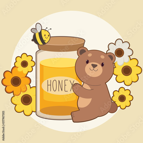 The character of cute bear hugging a big honey jar with bee and flower on the yellow background. The bear and honey jar and cute bee. The character of cute bear and cute bee in flat vector style.