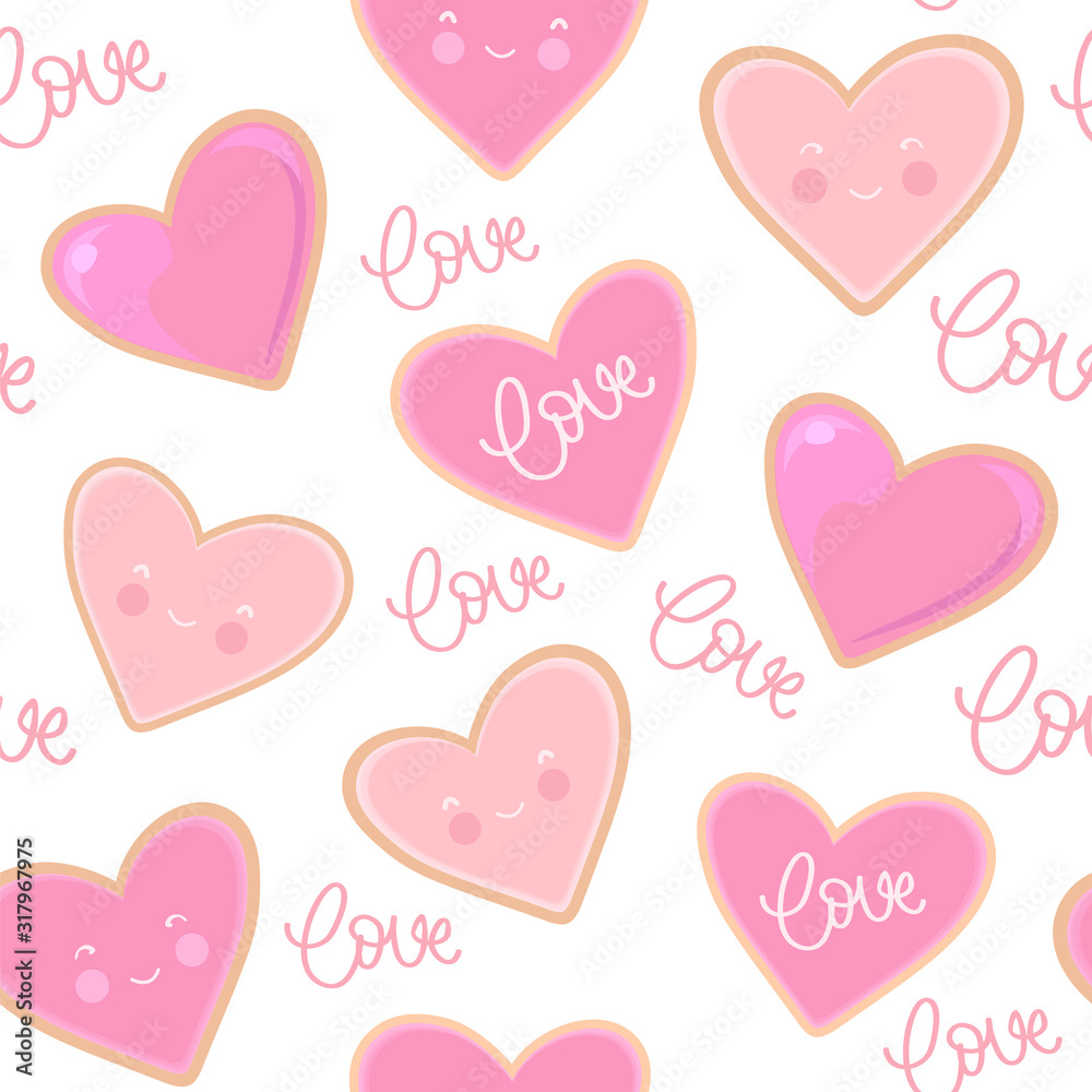 Sweet valentines day cookies. Seamless vector pattern with cookie in shape of heart.