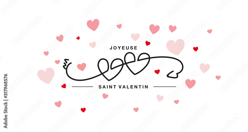 Happy Valentines Day French language handwritten two hearts with arrow line design pink hearts white greeting card