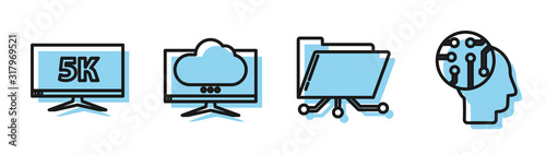 Set line Folder and lock, Monitor display with 5k video, Computer monitor screen and Human brain as digital circuit board icon. Vector