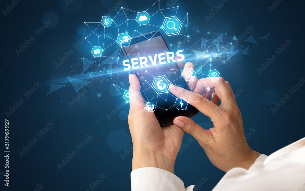 Female hand holding smartphone with SERVERS inscription, modern technology concept Female hand holding smartphone with SERVERS inscription, modern technology concept