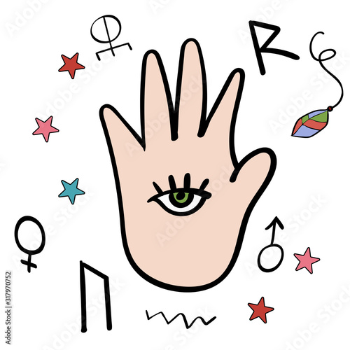 Vector illustration of open hand Mysticism. Vector illustration, illustration isolated.