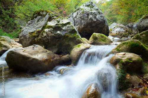 Stream of cold mountain river going down surrounded by green grass and rocks on shore