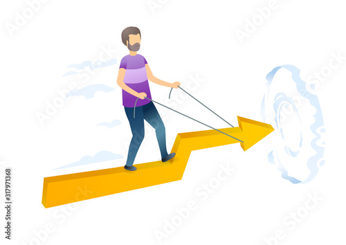 Successful start up launch flat vector illustration. Businessman, entrepreneur riding graph arrow cartoon character. Innovative company leadership, goal achievement, business aspirations metaphor.