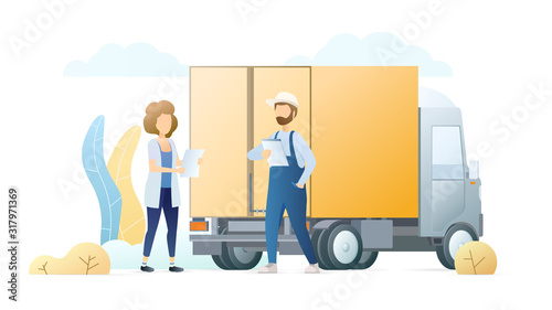 Postal service, delivery business flat vector illustration. Postman in uniform and customer cartoon characters. Transportation industry, commercial shipping. Parcel delivering, goods distribution.