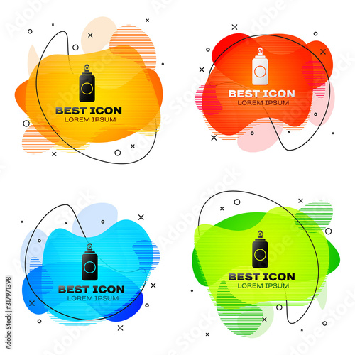 Black Spray can for air freshener, hairspray, deodorant, antiperspirant icon isolated on white background. Set abstract banner with liquid shapes. Vector Illustration