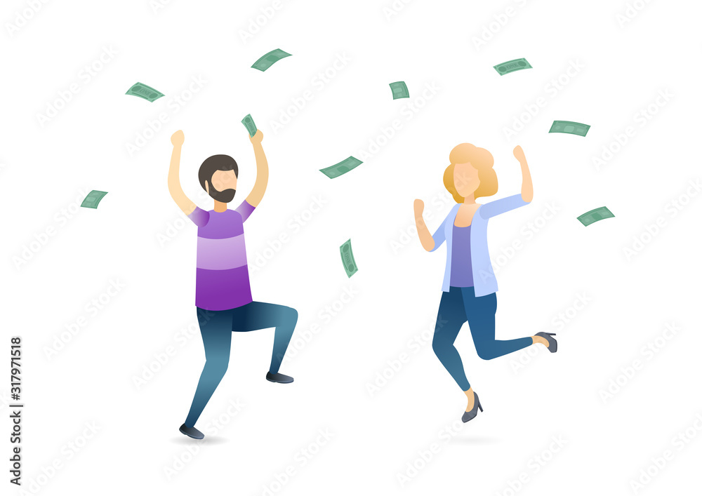 Couple under cash rain flat vector illustration. Happy man and woman, rich people celebrating together cartoon characters. Lottery jackpot, profitable investment, financial success, wealth concept. Couple under cash rain flat vector illustration. Happy man and woman, rich people celebrating together cartoon characters. Lottery jackpot, profitable investment, financial success, wealth concept.